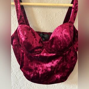 Crushed Red Velvet Crop Top Corset Style Thin Strap Scrunched Easy Fit Tank Top